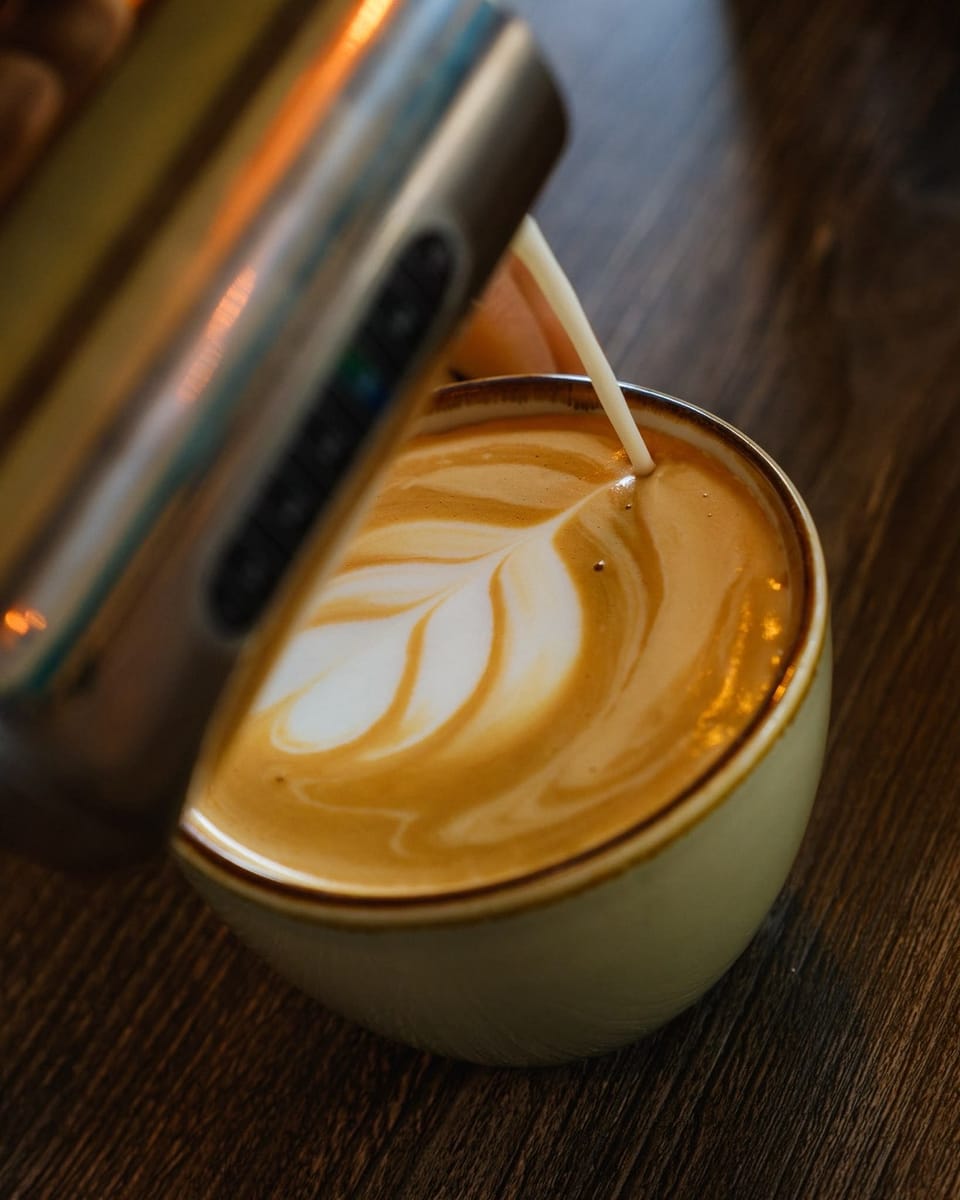 Milk poured in a thin stream from a steel jug to finish a leaf pattern in a latte, in a sage-green cup on a dark oak counter.
