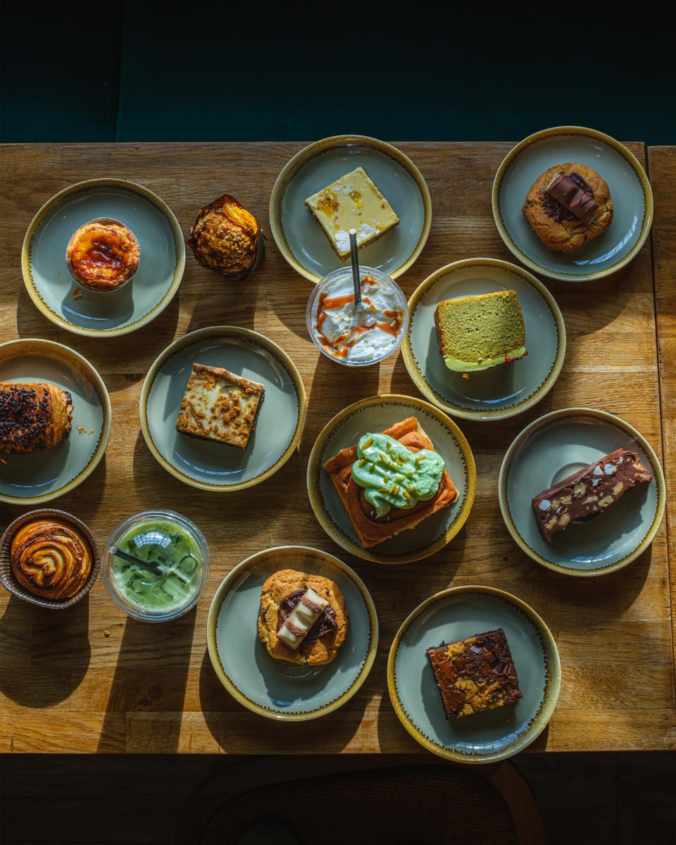 An oak table seen from above, set with bakes and drinks on sage stoneware plates: a pastel de nata, a pistachio cinnamon bun, a Biscoff brownie, a Kinder Bueno cookie, an iced matcha latte, rocky road, matcha cake and a muffin.